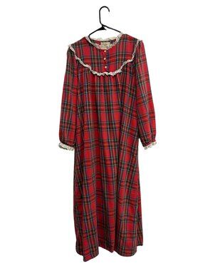 LL Bean Medium Vintage Red Plaid Nightgown Lace Trim Ruffle Cottagecore Retro